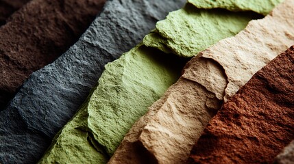A variety of colorful paper samples, including shades of green, brown, and beige, arranged in a row against a neutral background.