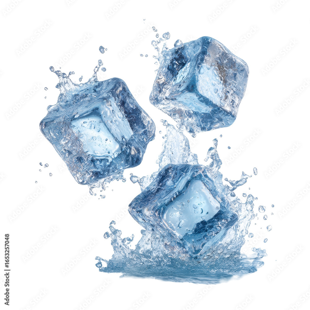 Poster ice cubes splash into water creating a refreshing scene of dynamic motion and coolness