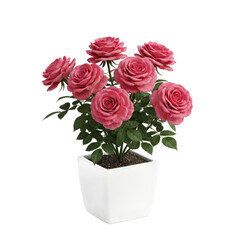 A vibrant bouquet of pink roses in a white square pot, showcasing a beautiful floral arrangement.