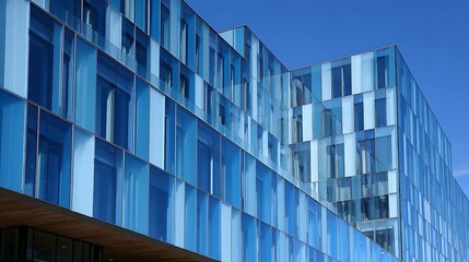 A modern glass building with blue glass windows and a blue sky in the background.