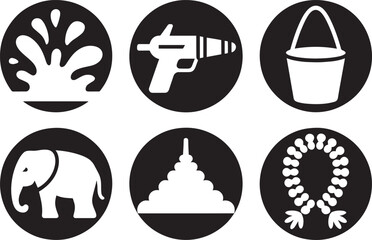 Six Black and White Songkran Festival Icons in Circles Water Gun Elephant Garland Pagoda