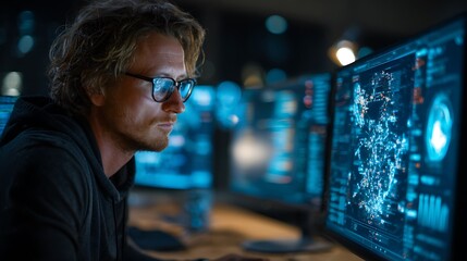 Focused cybersecurity professional analyzing complex data on multiple glowing blue computer screens in a dark room