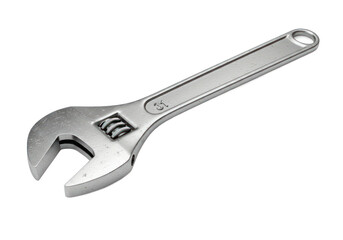 A  close-up image of a metallic adjustable wrench against a black background, showcasing its detailed structure and precise design.