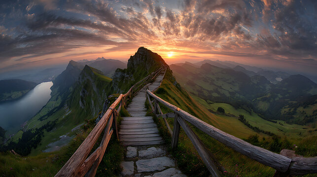 Mountain ridge walkway at sunrise with dramatic sky and serene lake image