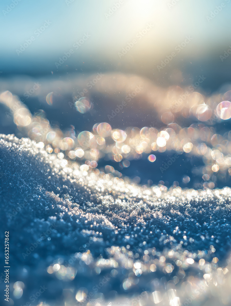 Poster sparkling snow under sunlight with bokeh effect