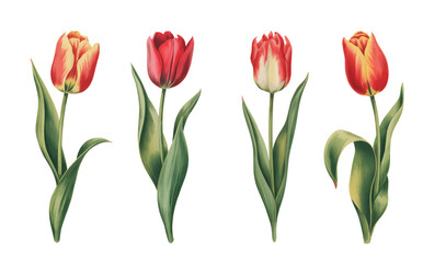 Naklejka premium Vintage watercolor red tulip blossoms. Retro tulip flower set vector illustration.
