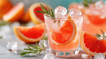 Refreshing Grapefruit Cocktail: Vibrant Summer Beverage with Citrus Slices and Rosemary Garnish