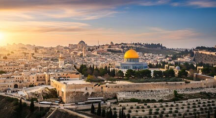 Obraz premium Historic Sunset Panorama, Dome of the Rock, Jerusalem, Landscape Photography, Urban Environment, Aerial View, Cultural Heritage