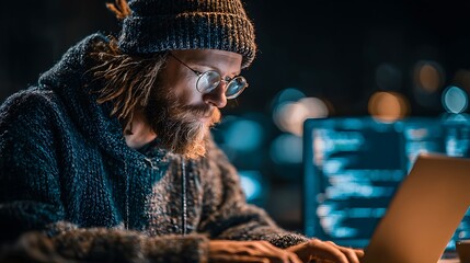 Focused man with beard and glasses working on a laptop at night with blurred city lights in background