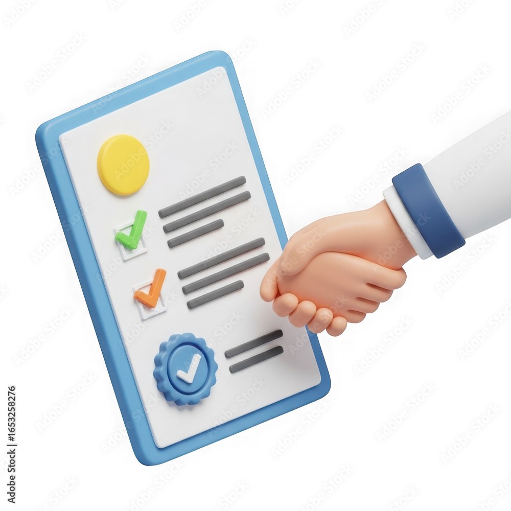 Aufkleber 3d cartoon hand shaking over approved document with checkmarks and seal isolated on transparent back