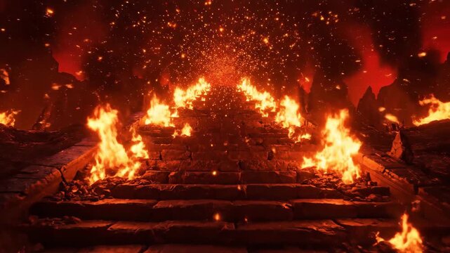 Fiery Steps to Hell - A dramatic shot of a stone staircase engulfed in flames, with fiery particles floating in the air.