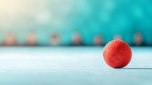 Single red easter egg on a light blue surface with blurred background