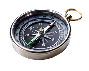 Closeup of a vintage brass compass with a golden ring isolated on a transparent background