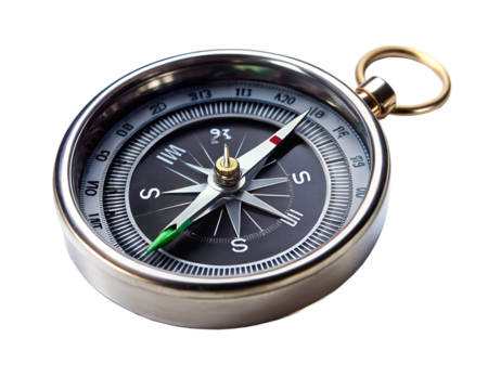 Closeup of a vintage brass compass with a golden ring isolated on a transparent background