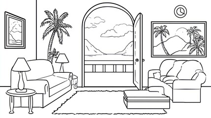 Open doorway to ocean view inside living room, palms and furniture