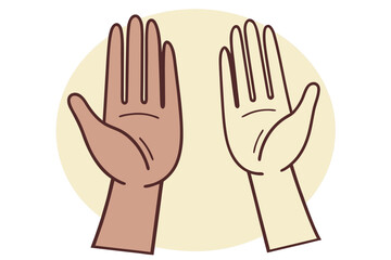 Fototapeta premium Two Hands Raised With Different Skin Tones On A Pale Yellow Circle raised hands high five
