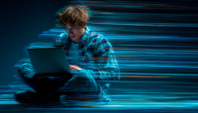 Young man focused on laptop in a dynamic digital environment