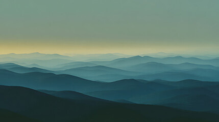 Obraz premium Rolling blue mountain ranges fading into hazy distance under soft yellow and green sky mountains landscape