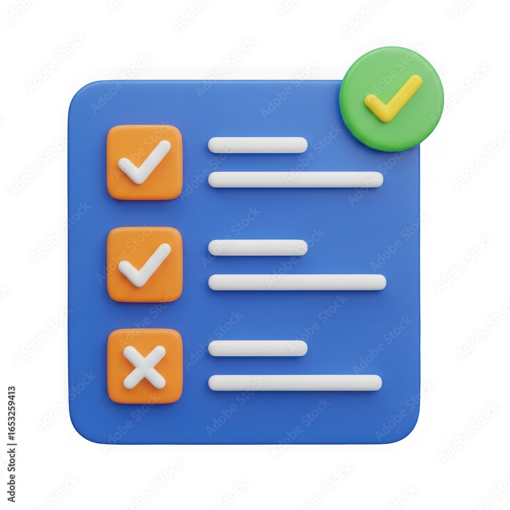 Aufkleber 3d rendered blue checklist with orange checkmarks and a cross isolated on transparent background