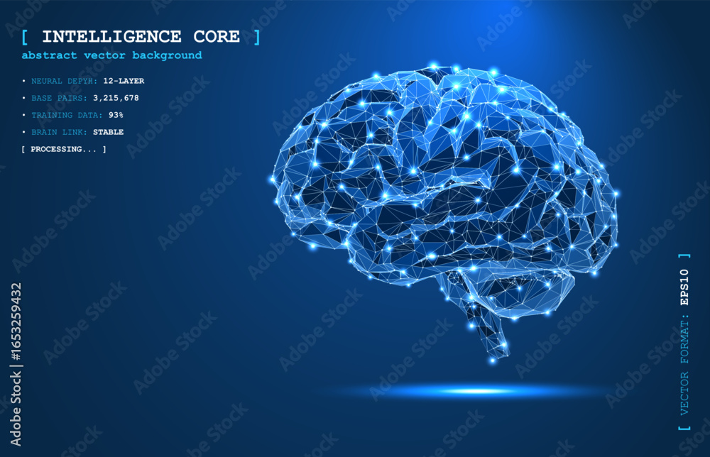 Poster abstract brain made of glowing nodes, lines, and polygons in a digital vector style. futuristic tech