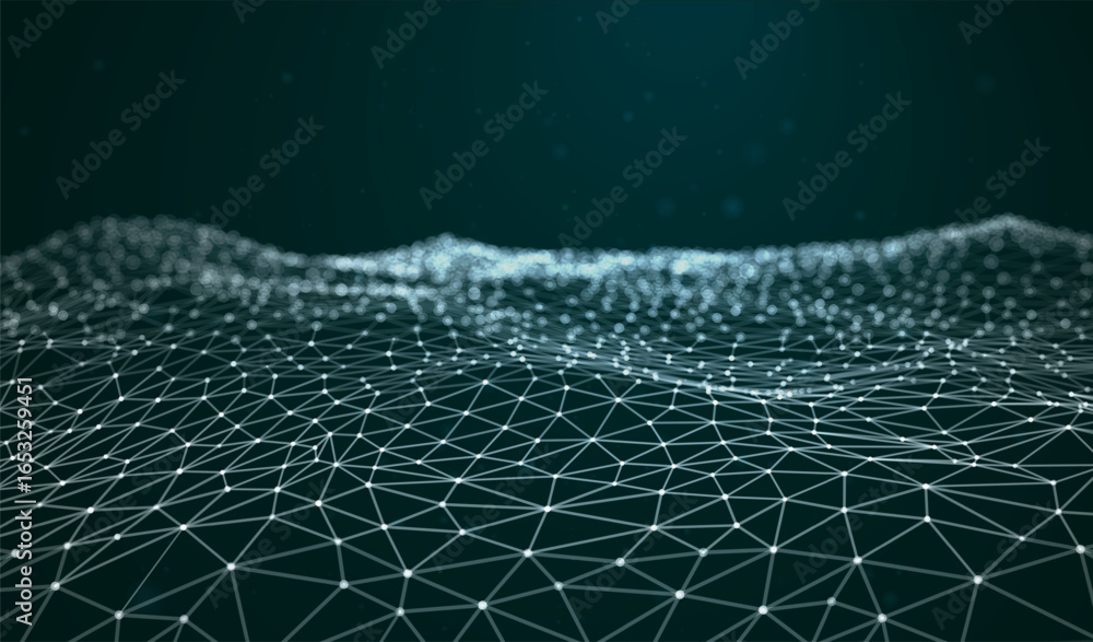 Poster abstract background with glowing wave, sea, and water. dots, lines, and triangular polygons. futuris