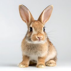 Obraz premium Adorable young rabbit with big ears sits facing forward against a white background