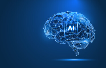 Naklejka na ściany i meble Futuristic AI brain with chip, processor, and circuit in polygon vector design. Abstract technology background. Data, digital intelligence, machine learning, robot, and computer network concepts.