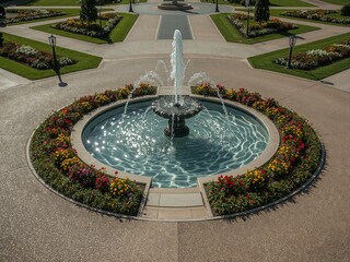 Obraz premium A circular water fountain surrounded by colorful flowers and manicured lawns.