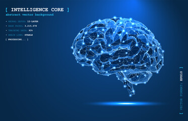 Abstract brain made of glowing nodes, lines, and polygons in a digital vector style. Futuristic technology background. Human intelligence, science, medical network, data and neural system concepts.