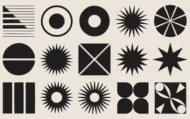 A grid of various abstract black geometric shapes on a light background, featuring circles, stars, lines, and symmetric patterns, conveying a modern and artistic tone.