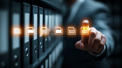 Businessman interacts with digital document icons above a row of physical file binders in a modern office setting