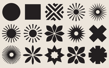 A 4x4 grid of black geometric shapes on a beige background. Designs vary, including circles, squares, stars, and petal-like motifs, creating an abstract, modern feel.