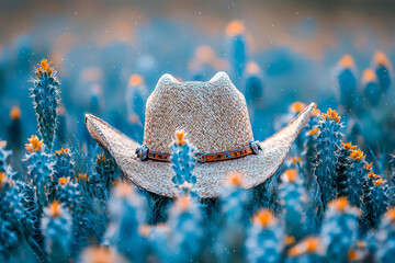 Straw cowboy hat amidst blooming cacti in a vibrant desert scene