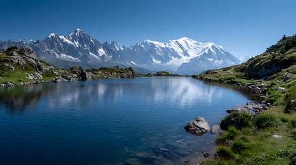 Snow capped peaks mirrored in tranquil alpine lake under clear blue sky mountains reflection