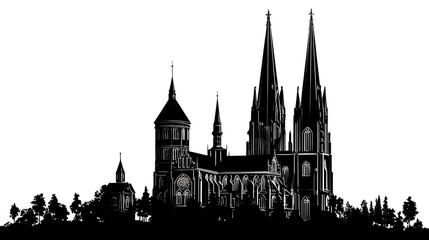 Obraz premium Gothic cathedral silhouette with spires and trees black and white architecture