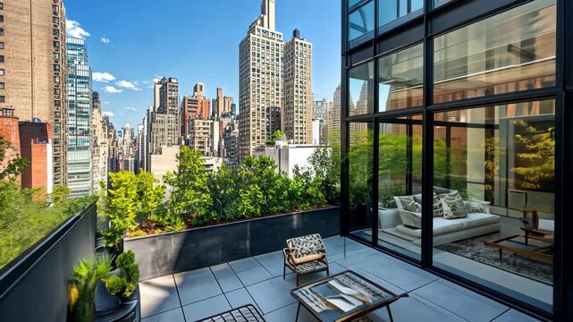 Luxury penthouse apartment with rooftop terrace garden offering stunning city views, New York