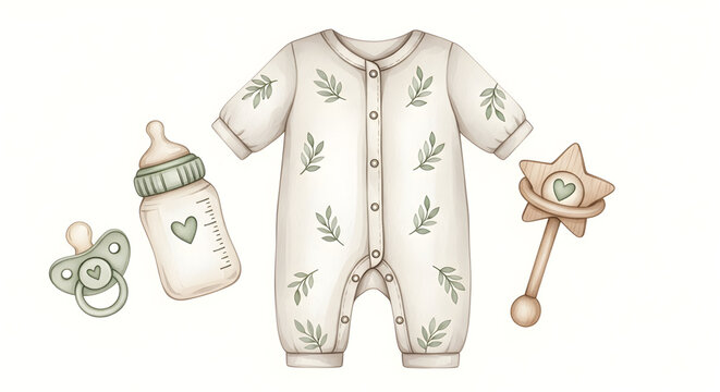 Watercolor baby card with clothes, pacifier, bottle, eucalyptus branches, and ribbon frame. Illustration of Template for baby shower announcements or newborn invitations. Border for childish greetings