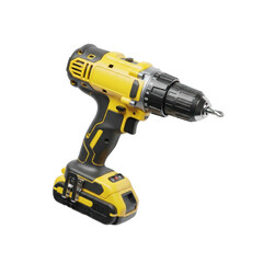 Fototapeta premium A cordless drill with a yellow and black design is presented against a black background.