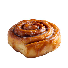 A freshly baked cinnamon roll with soft dough, golden-brown glaze, and cinnamon swirl