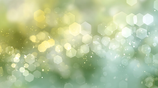 Soft focus hexagonal bokeh lights with sparkling particles in yellow and green tones abstract background - Powered by Adobe