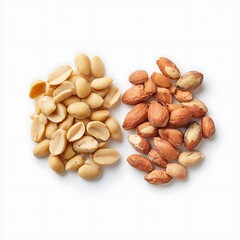 Obraz premium Two piles of peanuts one shelled and one with red skins on white background