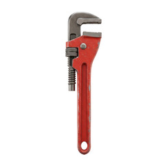 A highly detailed, red and gray adjustable wrench stands out against a pure black background.