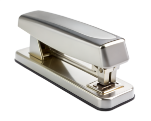 Silver metal stapler for fastening documents and papers in an office or school setting, isolated on transparent background