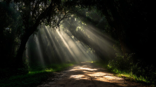 Sunbeams piercing through dense forest canopy onto a dirt path trees foliage
