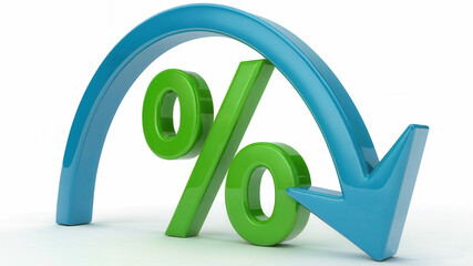 Stunning 3D render of a green percentage sign with a downward blue arrow, symbolizing economic decline or financial loss.