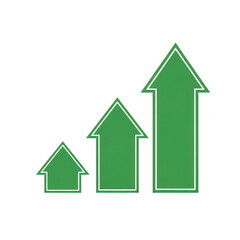 Three green upward pointing arrows showing growth and progress isolated on transparent background