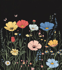 Ilustracja łąki pełnej kolorowych, dzikich kwiatów i motyli na czarnym tle. To jest jaskrawy, graficzny wzór. Idealny do projektów tekstylnych.