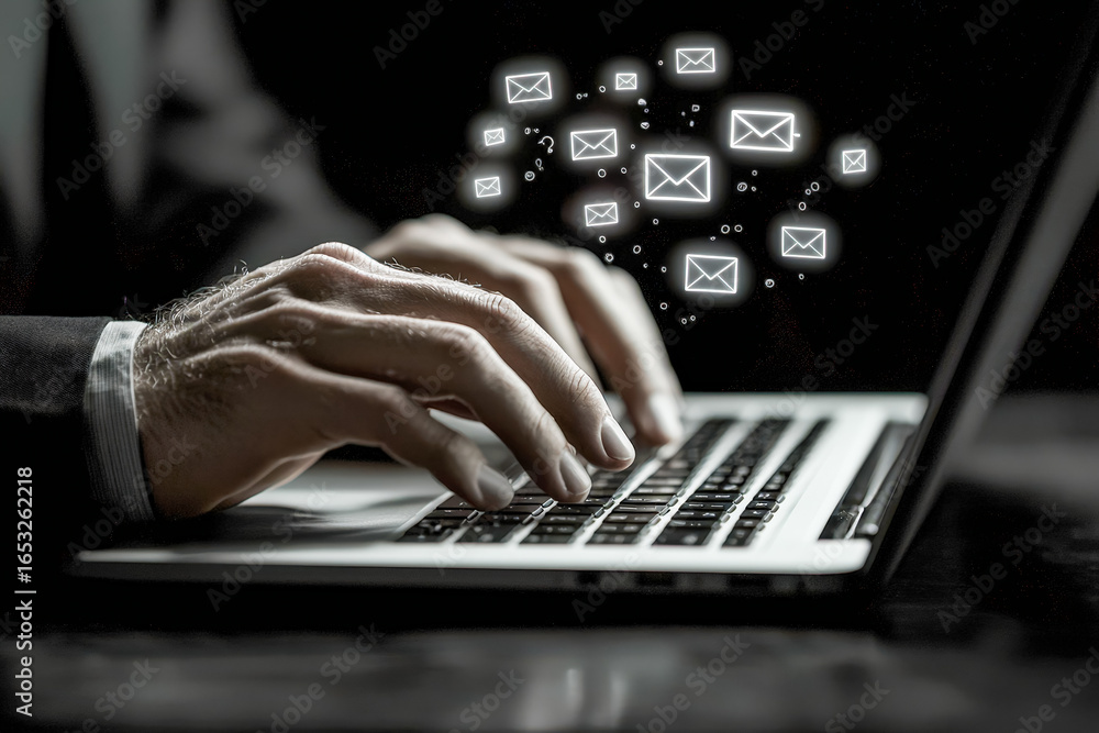 Poster digital communication and email exchange on a laptop with data icons overlay