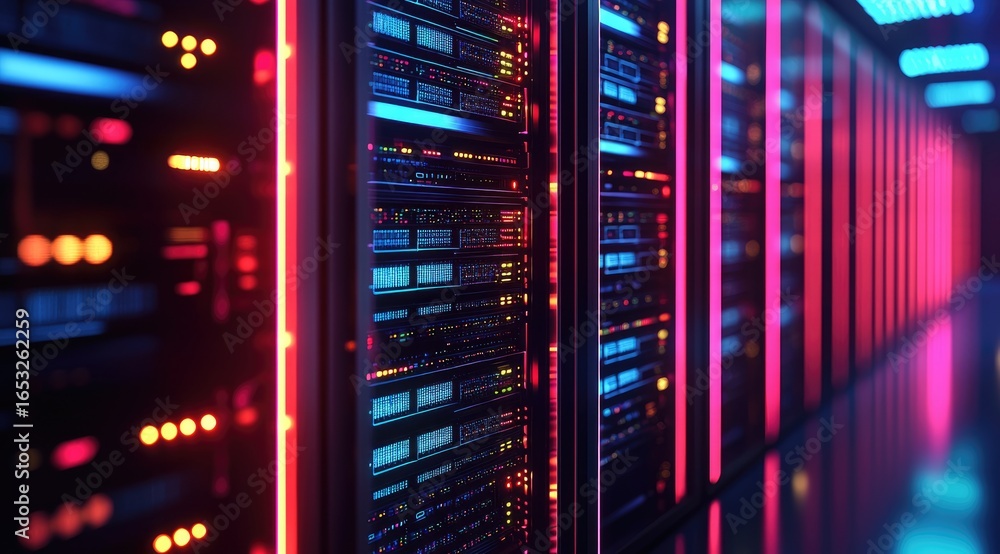 Poster futuristic data center corridor with glowing neon server racks, perfect for it infrastructure visual