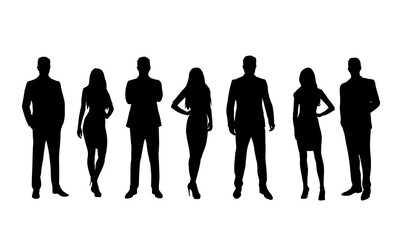 Business men and women, standing business people. Group of isolated vector silhouettes
